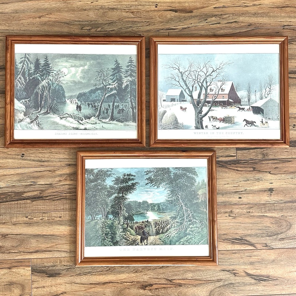 Americana Framed Print Set of 3 Currier & Ives Durrie Country Scenes 15.5x12.5